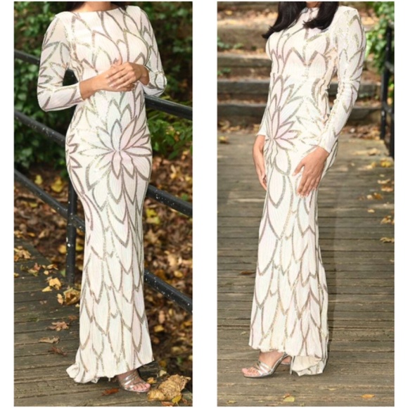 Luxe Sequin Low Back Long Sleeve Formal Evening Party Wedding Dress - Picture 6 of 12